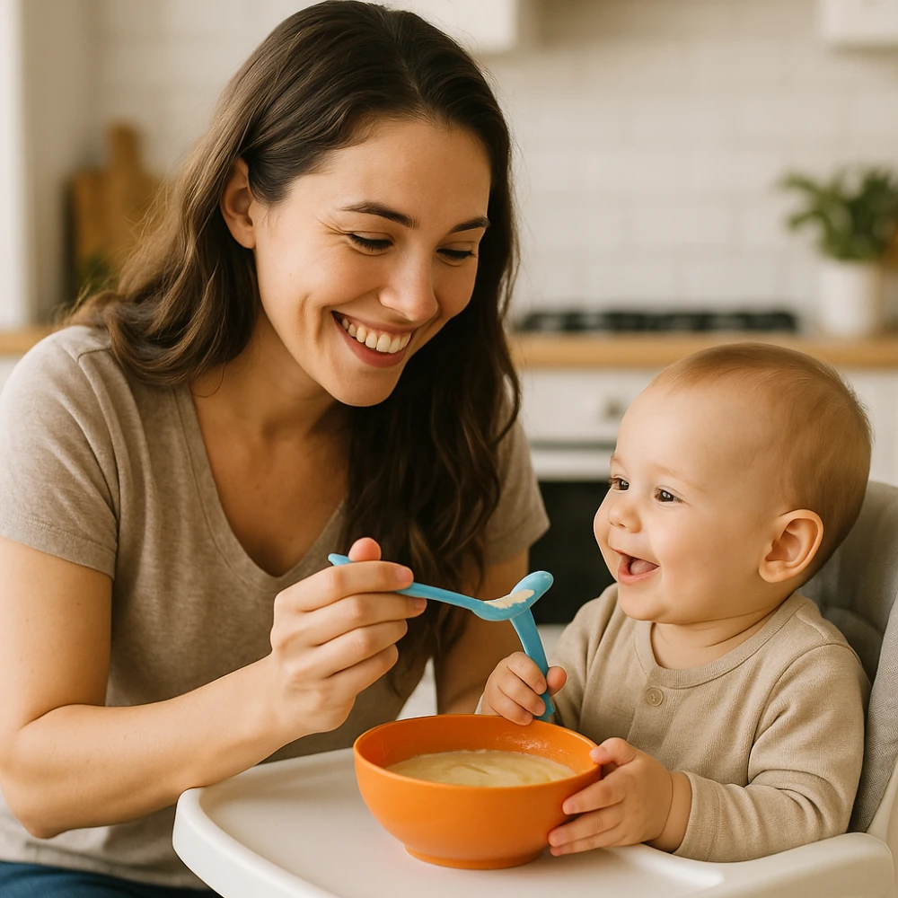 Mamá alimentando a su bebé con tranquilidad